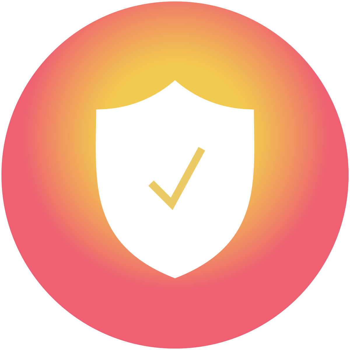 A check mark symbol on top of a shield, on top of a warm orange circle, signify that the chatbot offers trustworthy information.